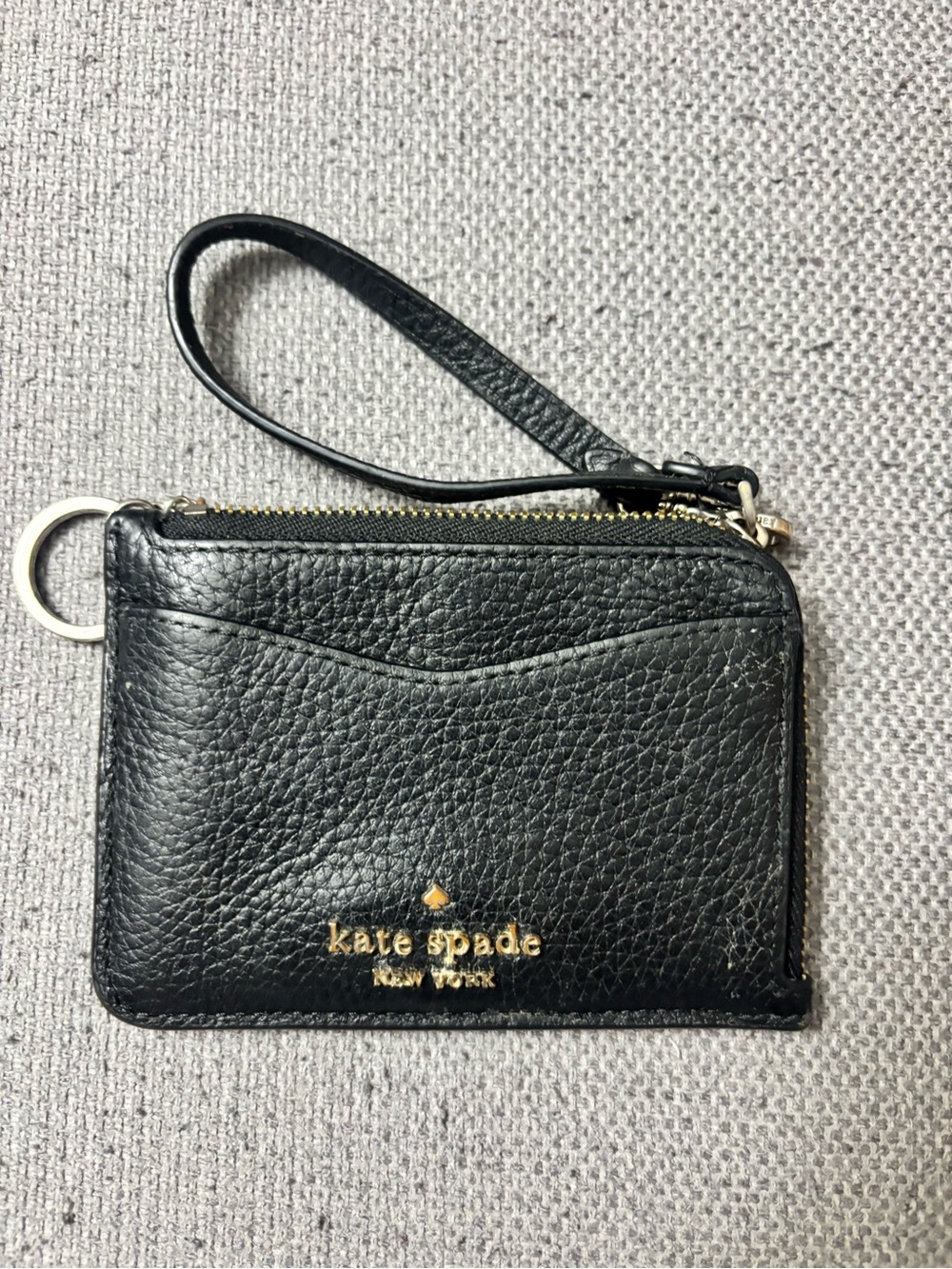 kate spade Black Pebbled Leather Wristlet Card Holder with Gold Logo